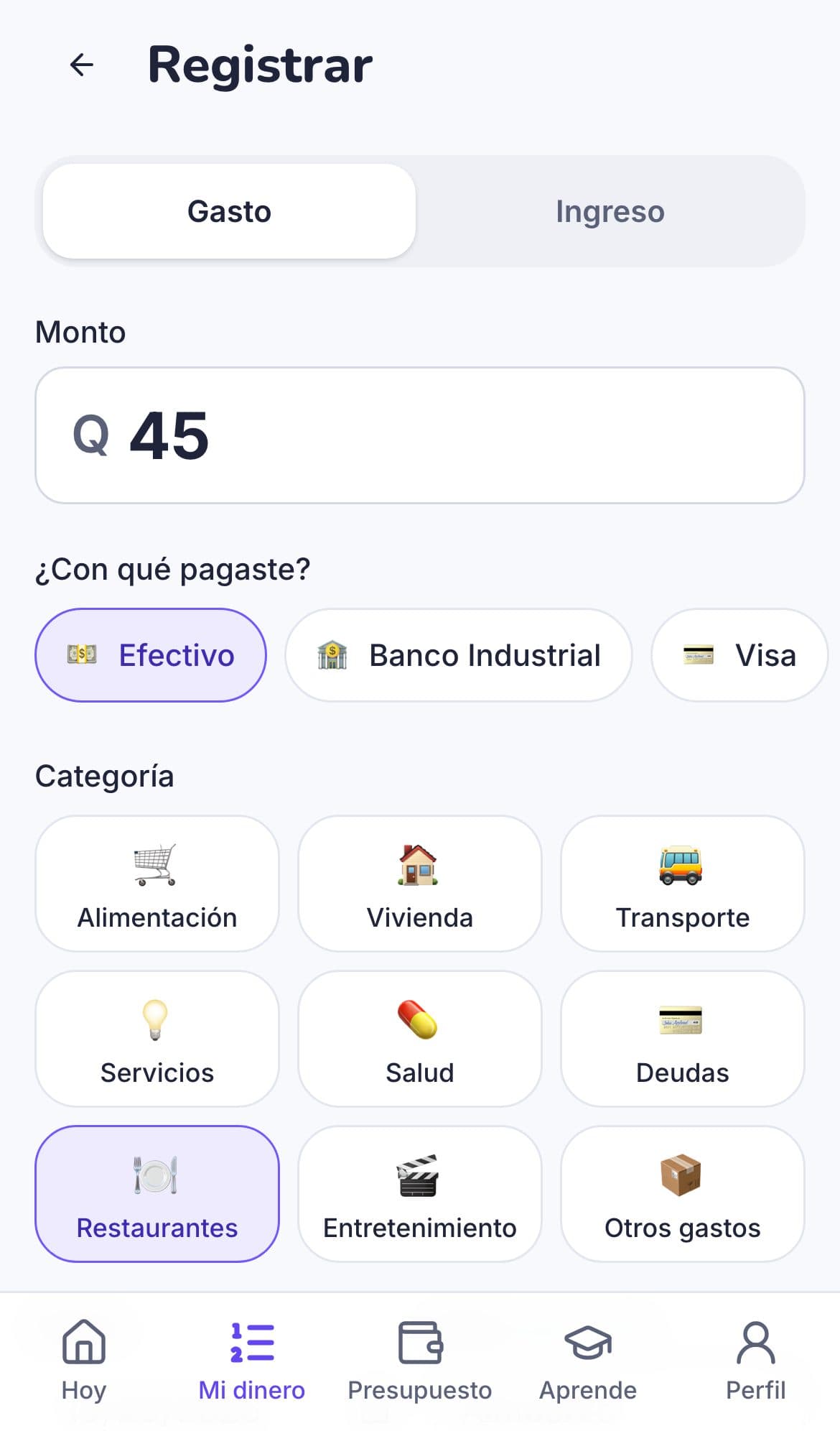 Pantalla para registrar un gasto de 45 en Restaurantes, eligiendo la cuenta de pago